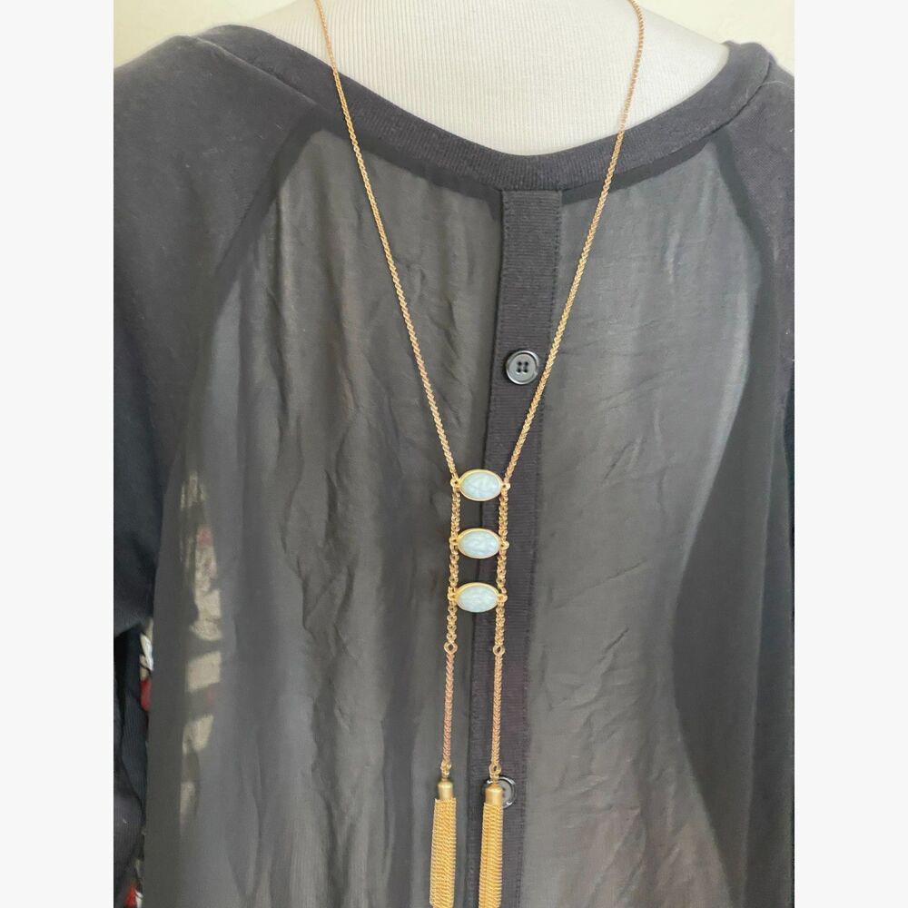 Long Faux Turquoise Gold Plated Tassel Necklace 21"